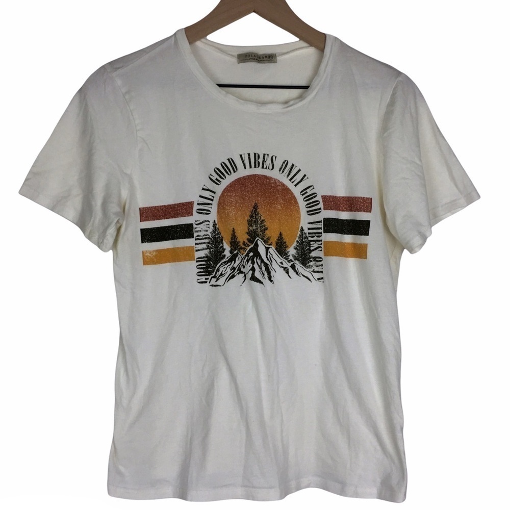 POLAGRAM Graphic T Shirt Short Sleeve Only Good Vibes Stripe Mountains Medium